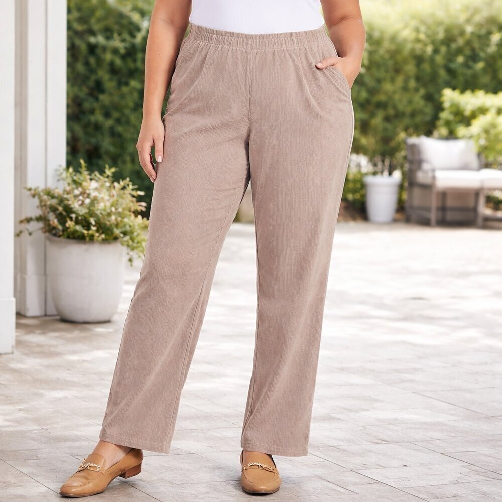 Alfred Dunner Corduroy Elastic Waist Proportioned Tan 18W Stretch Pants